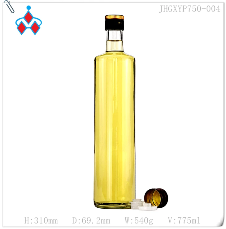 Botella de vidrio de aceite de oliva transparente redonda de 750 ml